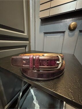 Mezlan Burgundy and Brown Genuine Ostrich Leather Men's Belt with Silver Buckle